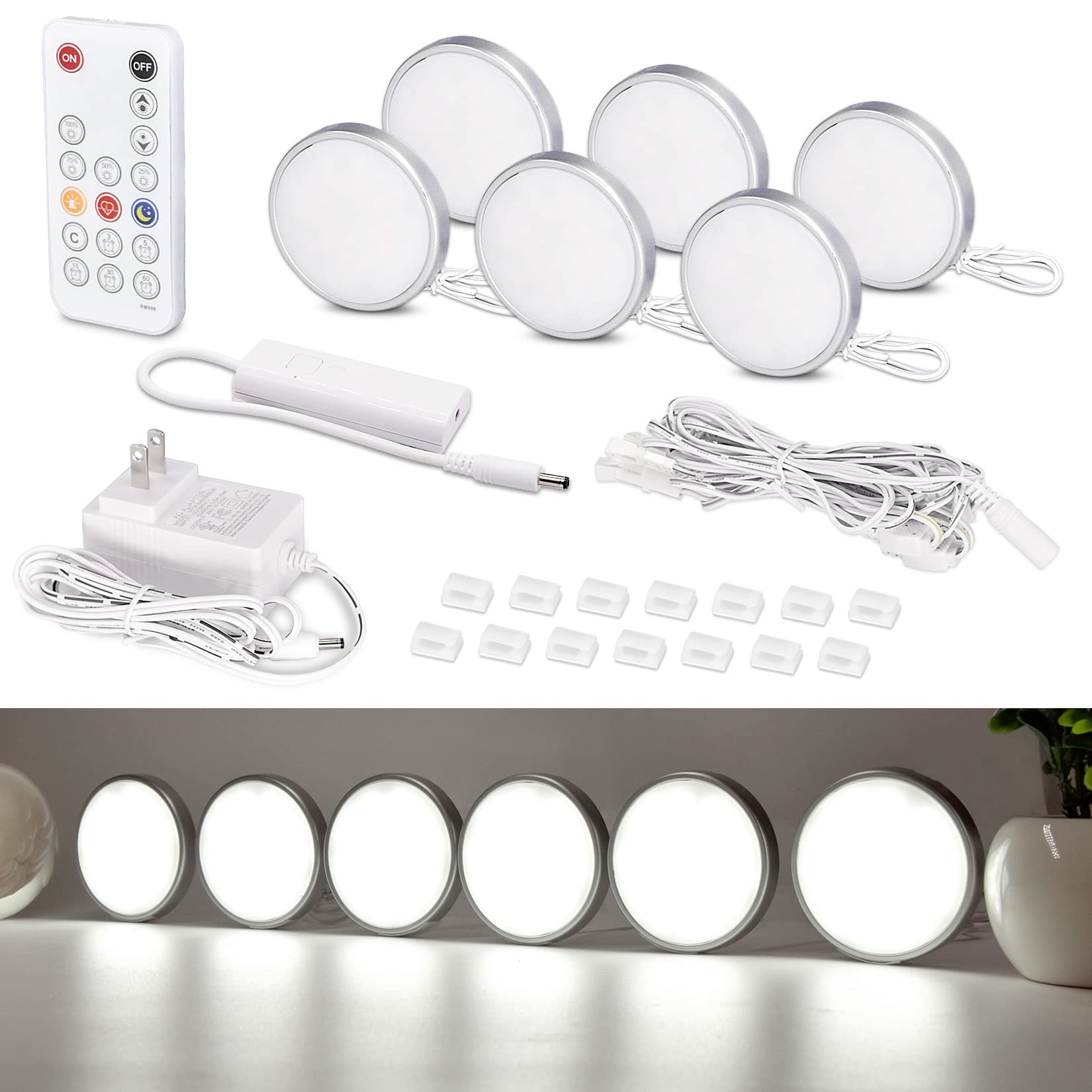 Photo 1 of WOBANE LED Puck Lights, Wired Under Cabinet Lighting Kit with Remote, Dimmable LED Counter Lighting for Kitchen,Closet,Bookshelf,Shelf,1050lm,6000K White,Super Bright,Timing, Set of 6