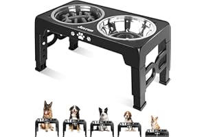 Jovrun Elevated Dog Bowls, Dog Feeder with Stainless Steel Dishes & Slow Feeder Bowl, 5 Heights Adjustable Raised Stand for Medium Large, Food Dishes with Non-Slip Feet