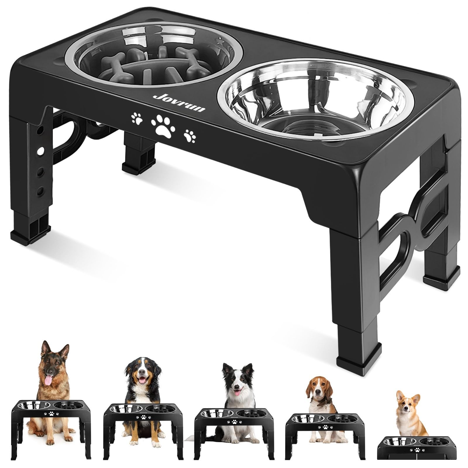 Photo 1 of Jovrun Elevated Dog Bowls, Dog Feeder with 2 Stainless Steel Dishes &1 Slow Feeder Bowl, 5 Heights Adjustable Raised Stand for Medium Large, Food Dishes with Non-Slip Feet