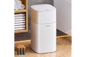 O-MART Bathroom Trash Can with Lid, 1.9 Gallon Small Garbage Can with Press Top Lid, Plastic Wastebasket for Toilet, Office, Bedroom, Living Room, Kitchen, White, 5 Rolls of Bags Included