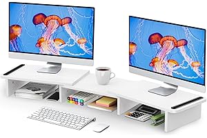 Zimilar Dual Monitor Stand Riser, Monitor Stand with Adjustable Length and Angle, Wood Monitor stand for desk, Monitor Riser for 2 monitors with Storage Space(White Large)