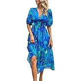 ebossy Women's Boho Floral Print Chiffon Dress Short Sleeve V Neck Girdle Waist Beach Maxi Long Dresses