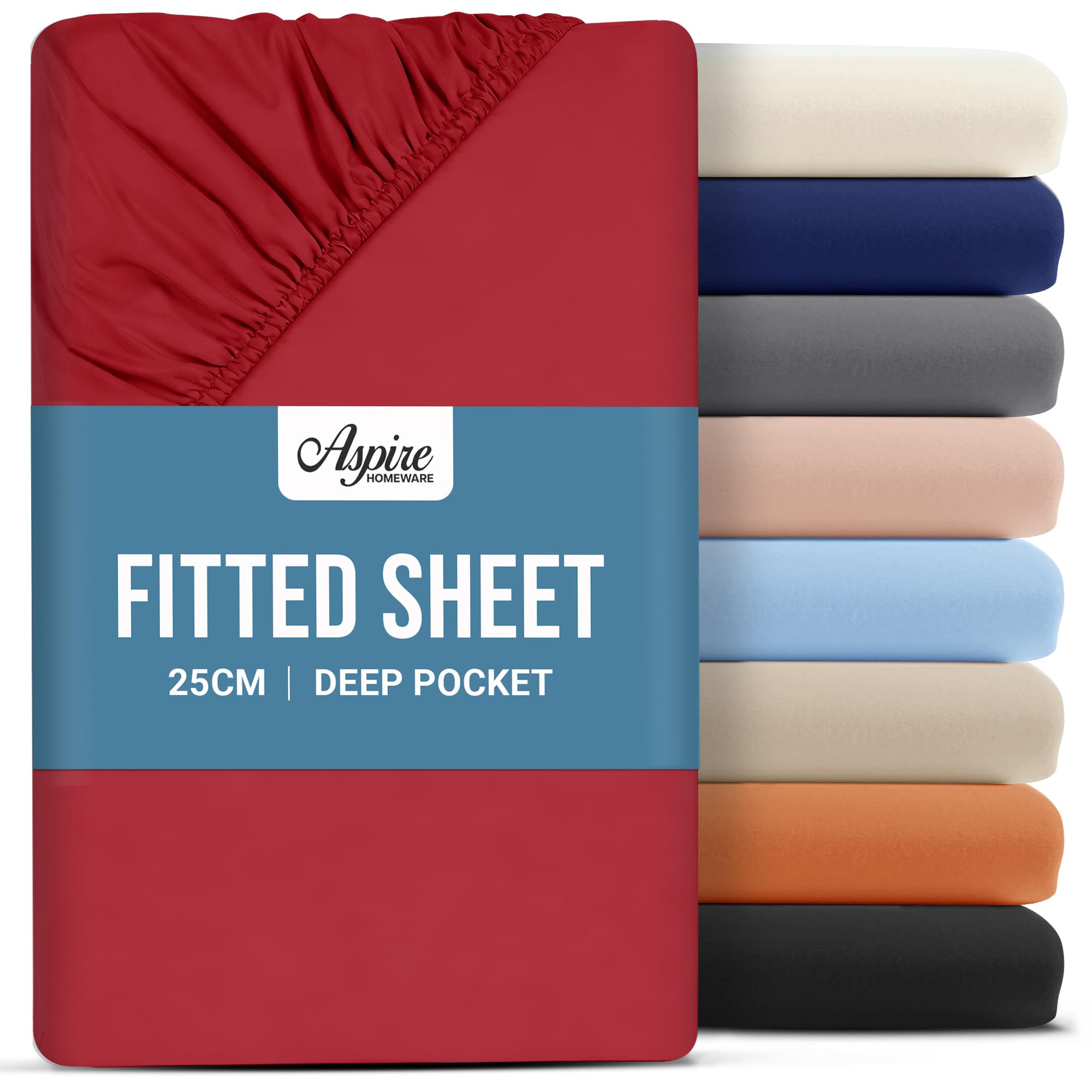 Aspire Homeware Super King Fitted Sheet - 25 cm Deep Hotel Quality (Red) Bed Sheets - Soft & Breathable Superking Fitted Sheet - Anti-Wrinkle Easy Care Fitted Sheets