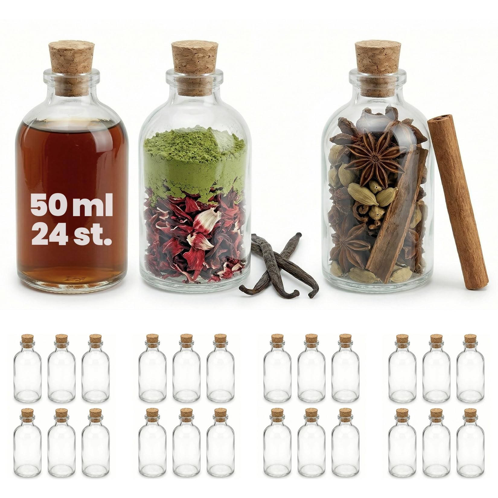 casavetro 50ml Mini Glass Bottles with Cork Lids - 24 PCS Reusable Refillable Cork Tops - Air-Tight Bottles for Sloe Gin Oil Vinegar Beer Wine Cider Soda Vodka and Water (24 x 50 ml)
