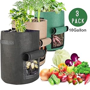 Futone Grow Bags, Potato Planter Bags, Planting Fabric Pots with Handles and Flap, Garden Bags for Vegetables, Tomatoes, Carrots, Onions (10 Gallons - 3 Pack - Various)