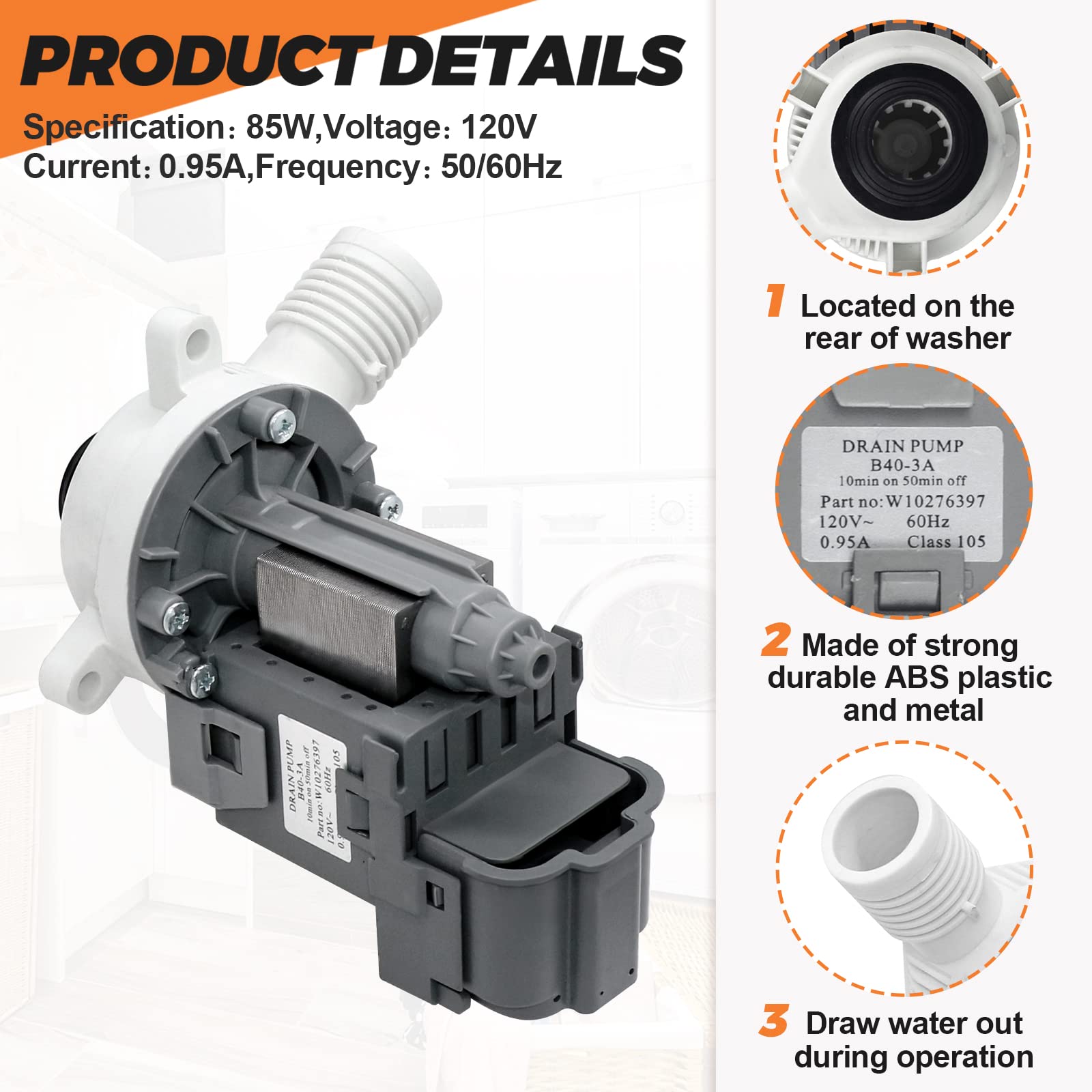 2025 UPGRADE W10276397 Washer Drain Pump Fit for Whirlpool Kenmore Maytag Washer, Replace WPW10276397VP B40-3A 1874334 AP6018417 LP397 PS11751719, 10 YEARS WARRANTY by Beaquicy
