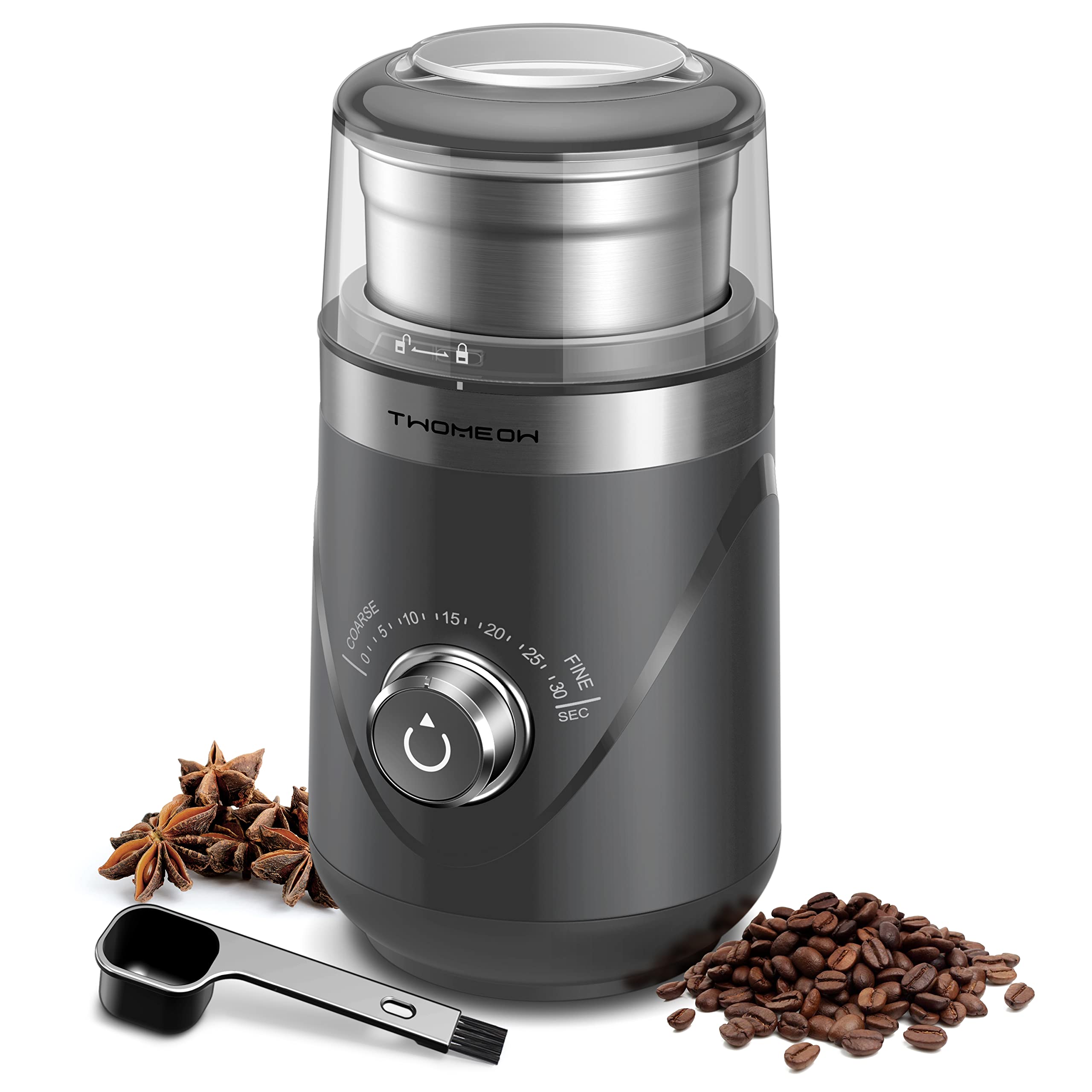 TWOMEOW Coffee Grinder, Adjustable Electric Spice Grinder with Stainless Steel Blade and Removable Grinding Cup for Coffee Beans, Nuts, Spices, Grains, 80g, Grey