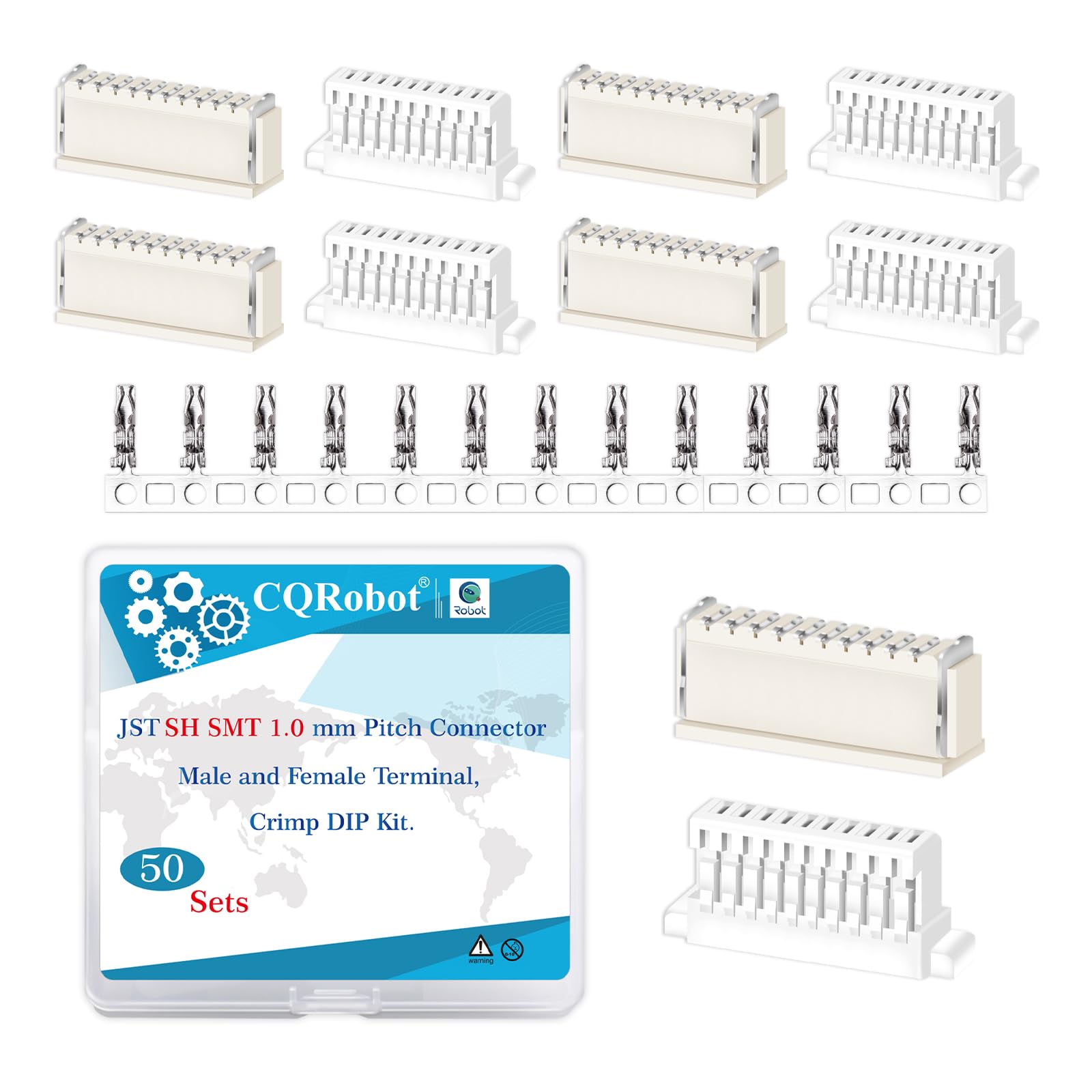 CQRobot JST SH SMD 1.0 mm Pitch 10-Pin Electronic Computer Connector IC Male Plugs, Female Sockets Housing and T-Shaped Crimp Terminal Kit. 50 Sets/600 Pieces Wire-to-Board Adapter Cable Assembly.