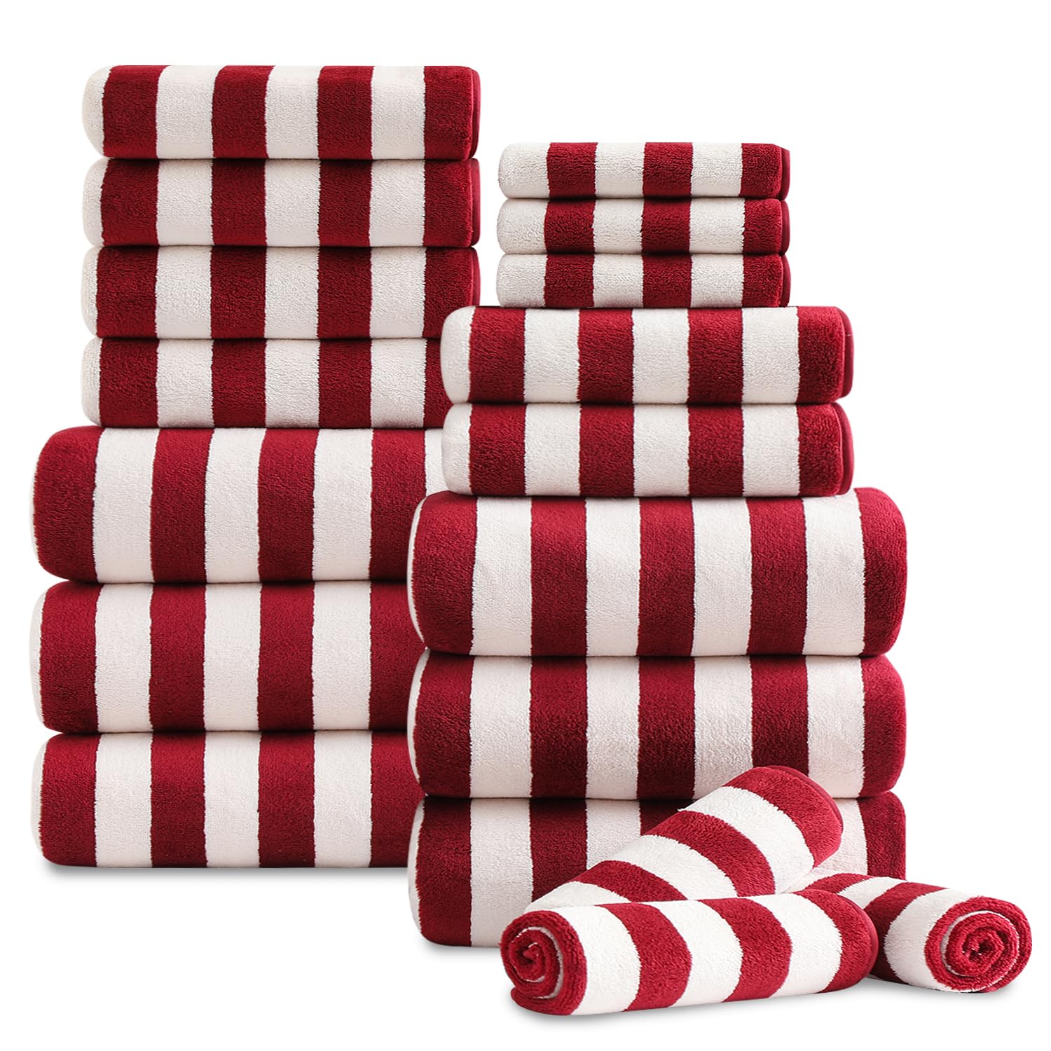 Photo 1 of 18 Pcs Red Cabana Stripe Family Towels Set with Hanging Loop-6 Bath Sheets,6 Hand Towels,6 Washcloths Ultra Soft Bathroom Towel Highly Absorbent Quick Dry Shower Towel for Beach Chair,Spa,Gym,Hotel