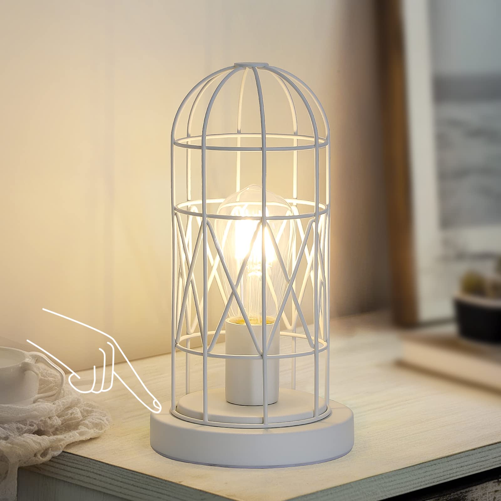 Photo 1 of Bedside Touch Lamp, Small Table Lamp for Bedroom Living Room, 3 Way Dimmable Modern Nightstand Lamp, Simple Desk Lamp with White Metal Cage Shade, 2700K LED Bulb Included