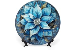 Gokays Christmas Decorative Plates, December Flower Blue Stained Glass Painting Ceramic Plate Home Wobble-Plate with Display Stand, Wall Hanging Decor for Living Dining Room Kitchen Household 6 Inch