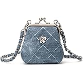 LARENNT Quilted Kiss Lock Coin Purse with 2 Detachable Chains - Tiny Handbag, Wristlet, Shoulder Bag & Crossbody Bag for Women, Vintage Wallet, Mini Coin Pouch Small Change Purse (Denim Blue)
