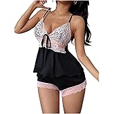 SHENHE Women's 2 Piece Floral Lace Pajama Set Bow Tie Ruffle Camisole and Shorts Cute Lounge Sets