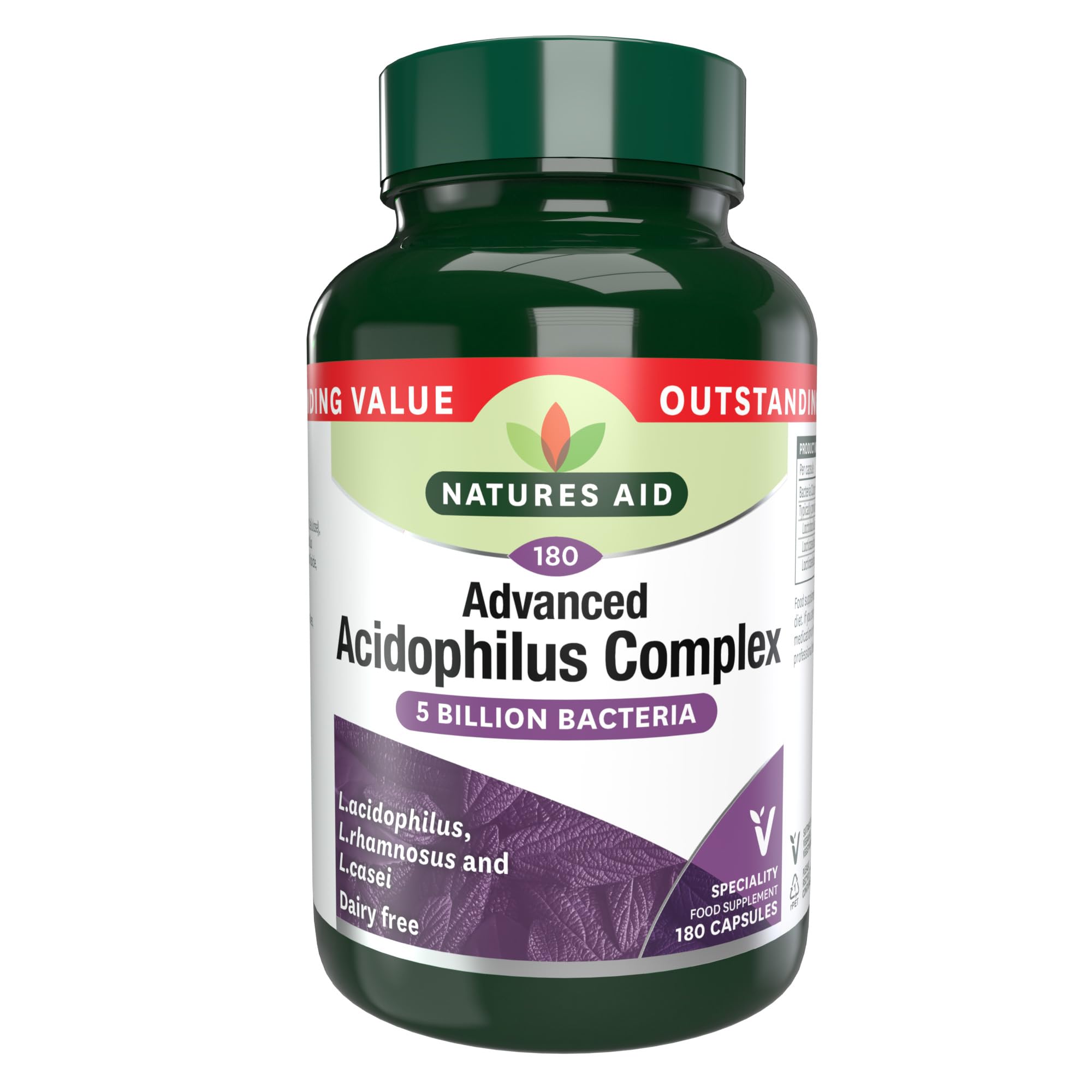 Natures Aid Acidophilus Complex 5 Billion Bacteria CFU โ High Strength Supplement Lactobacillus Acidophilus Rhamnosus Casei Supports Digestive & Immune Health โ Vegan Gluten-Free Non-GMO 180 Capsules