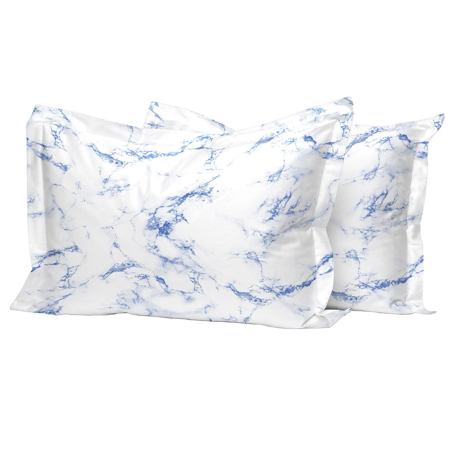 Pizuna Cotton Carrara Marble Blue Print Standard Pillow Cases 2 Pack, 400 Thread Count 100% Long Staple Combed Cotton Oxford Pillow Cover Sateen Cooling Oxford Pillow Case 50x75 (Printed Pillow Cases)