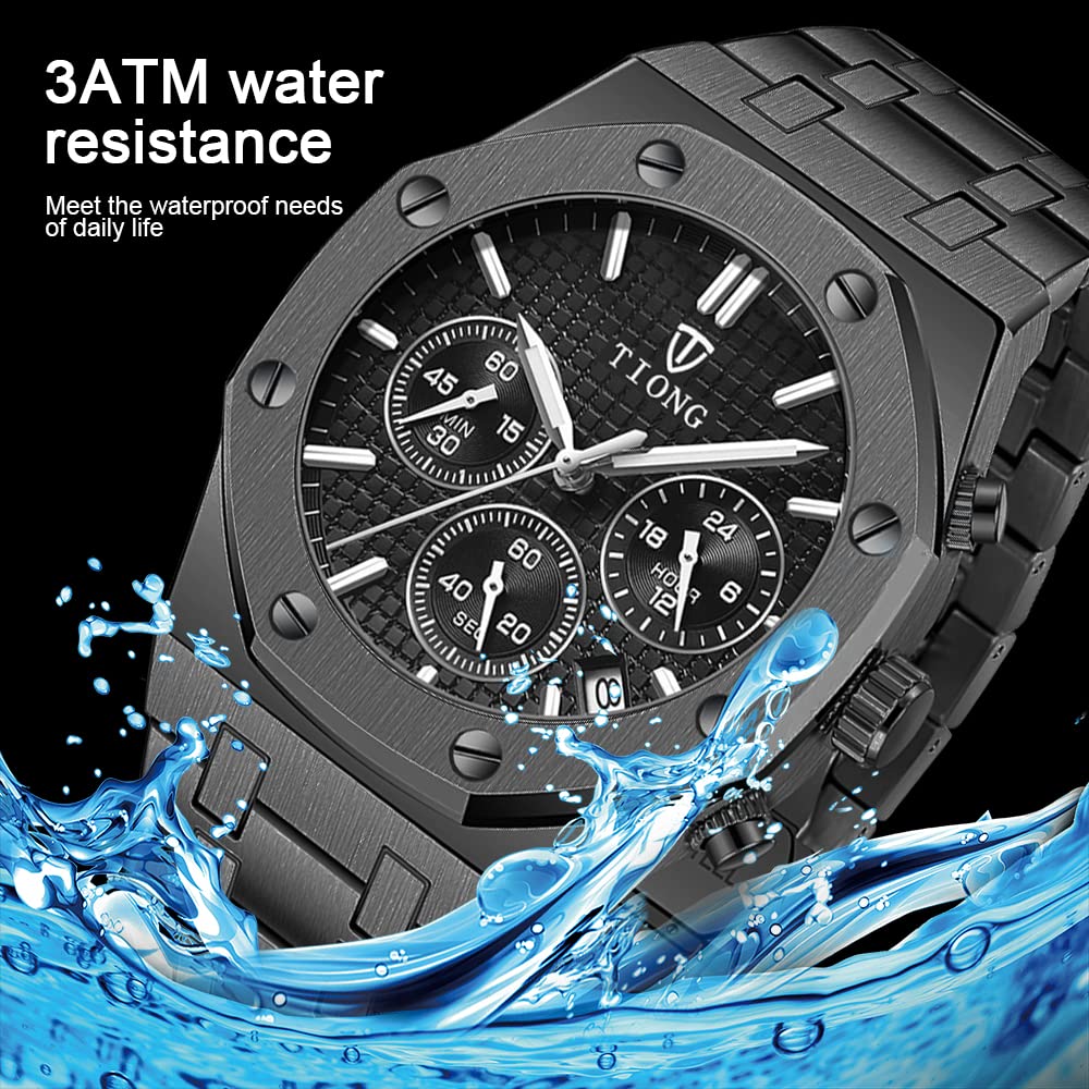 Tiong Men's Watch Chronograph Stainless Steel Waterproof Quartz Business Watch Men