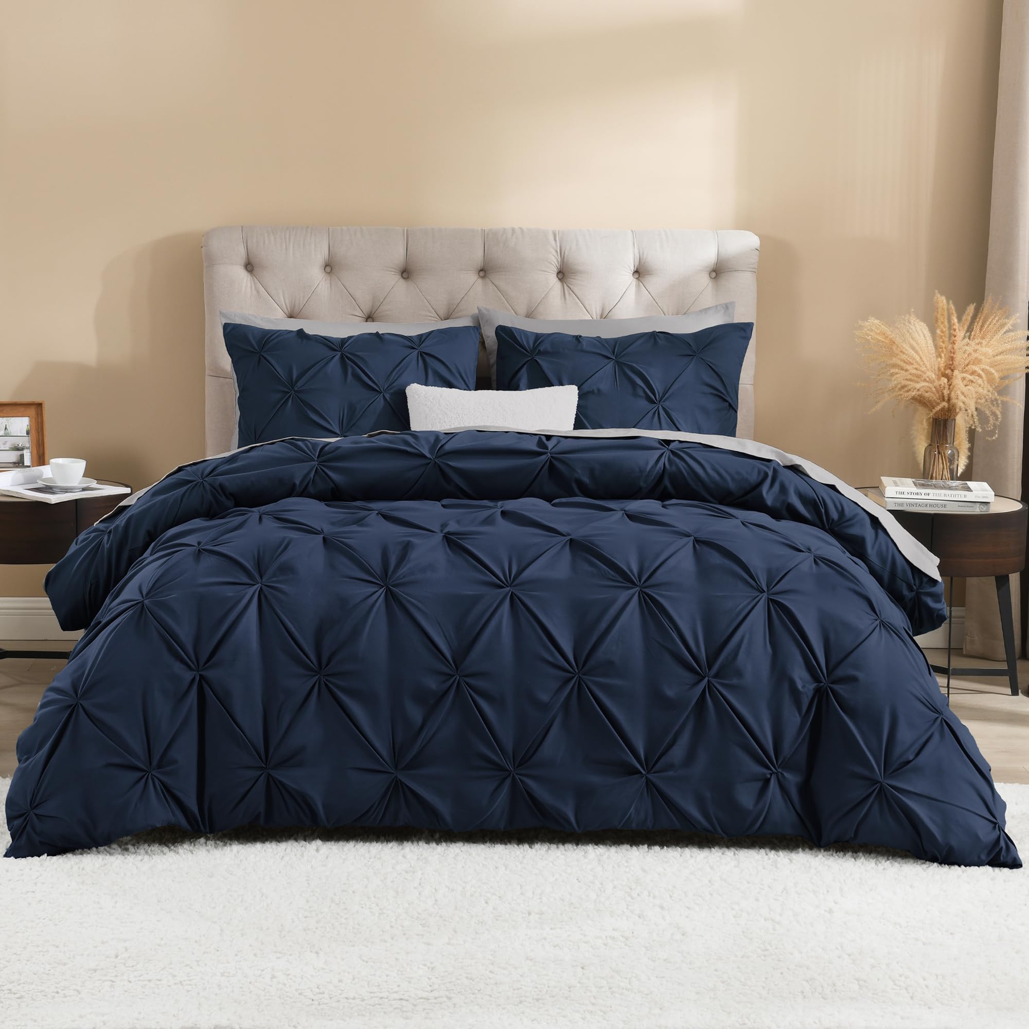 Photo 1 of Litanika Navy Blue Pinch Pleat Duvet Cover King, 3 Pieces Pintuck Cover Soft Microfiber Bedding Set with Zipper Closure & Corner Ties(104x90Inch-1 Duvet Cover, 2 Pillowcases)