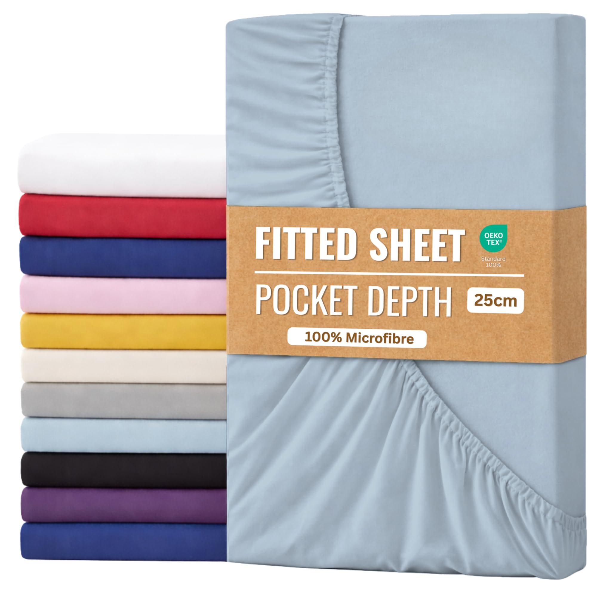Fitted Sheet 25cm with Extra Deep Pockets - OEKO-TEX Certified Bed Sheet King Size 152X200CM | Hotel Quality & Wrinkle Resistant | Brushed Microfibre Fitted Sheets (Sky Blue, King 25CM)