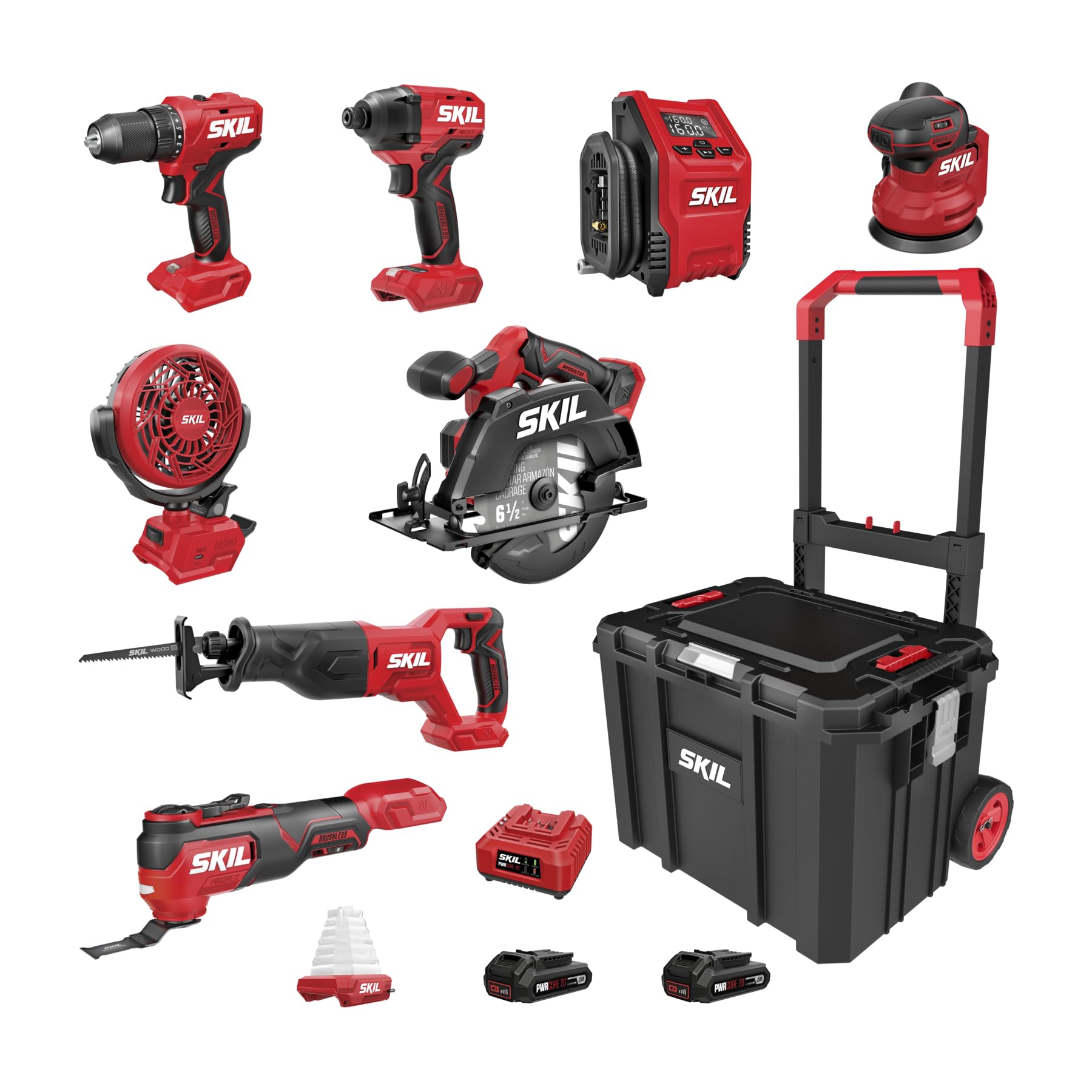 SKIL PWR CORE 20V Brushless 9-Tool Power Tool Combo Kit Including 2 * 2.0Ah Batteries, Charger, and Rolling Tool Box -CB8009B-20 Image