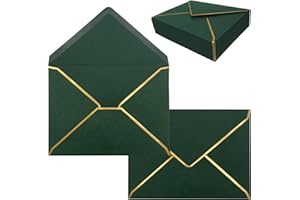 SYLROAL 50 Pack 5x7 Envelopes for Invitations with Gold Border, Self Adhesive A7 Envelopes with V-Flap for Greeting Cards, Invitation Envelopes for Wedding, Graduation, Baby Shower, Party (Dark Green)