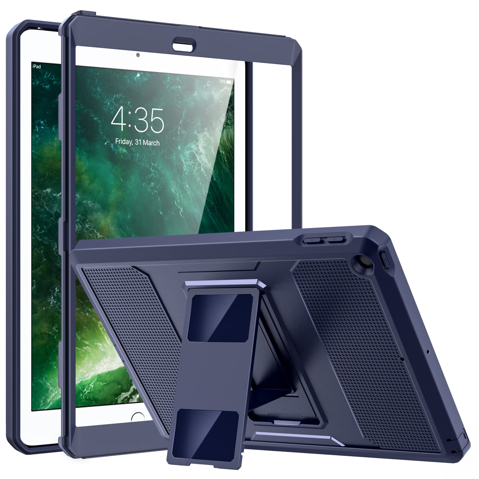 MoKo Heavy Duty Case for iPad 9.7" 6th/5th Generation (2018/2017) - Full Body Hybrid Cover with Built-in Screen Protector, Dark Blue