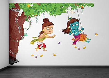 Rawpockets Decals Lord Krishna Playing Swing Under Tree Wall Sticker - (PVC Vinyl, 105 cm x 75 cm, Multicolour)