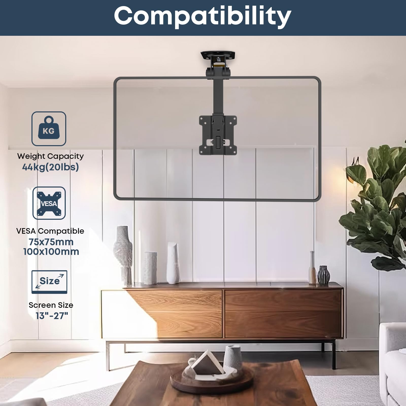 13 to 27 inch Folding TV Ceiling Mount,Manual Flip Down TV Bracket up to 44lbs, Folding Tilt Pitched Roof and Under Cabinet Mounting,Height Adjustable,Max VESA 100x100mm, Black
