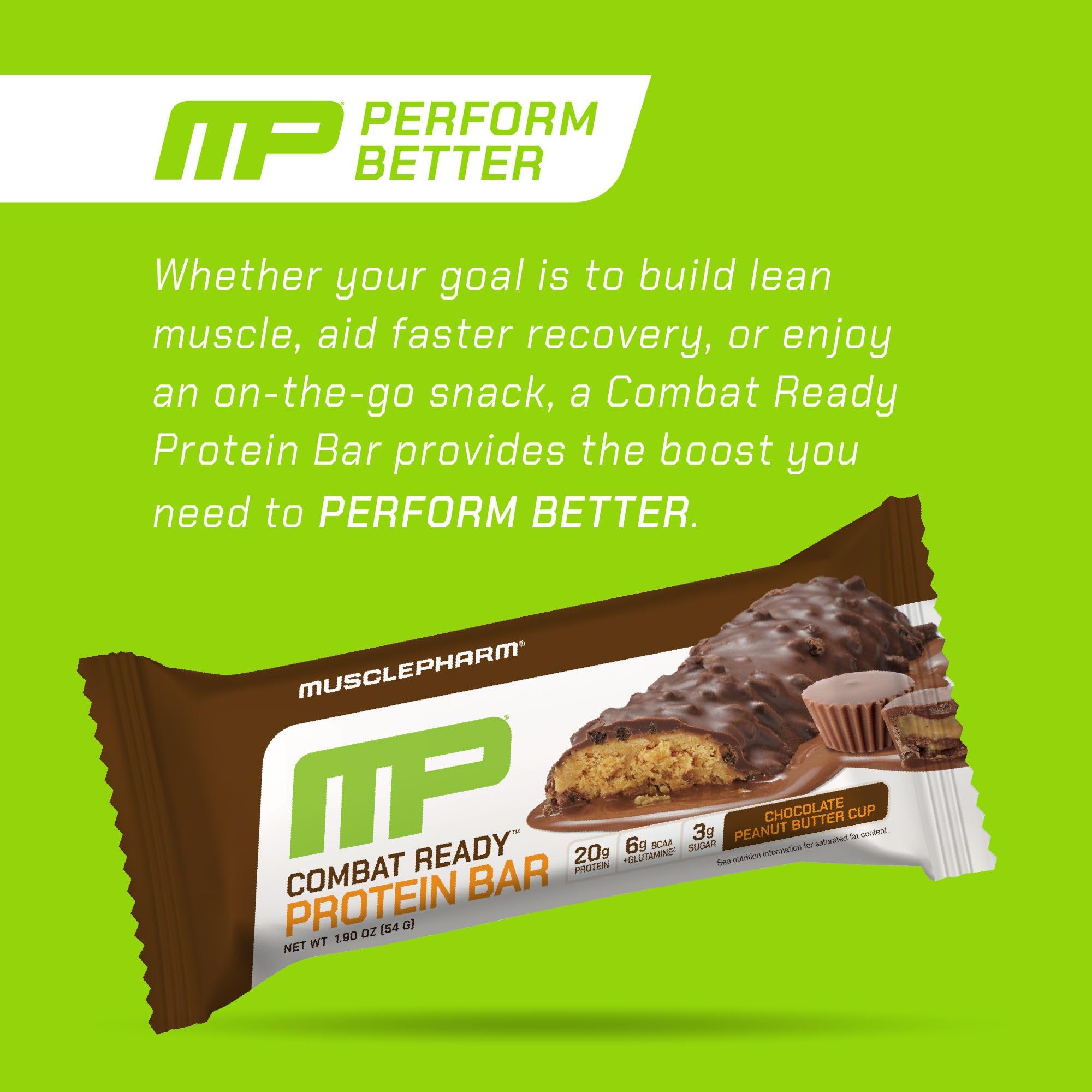 MusclePharm Combat Sport Bar, Chocolate Peanut Butter Cup, High Protein Bars, Combat Cravings, Fuel Performance & Meet Energy Demands, 20g Protein from Whey Protein, 5g Fiber, Gluten Free, 12 Bars