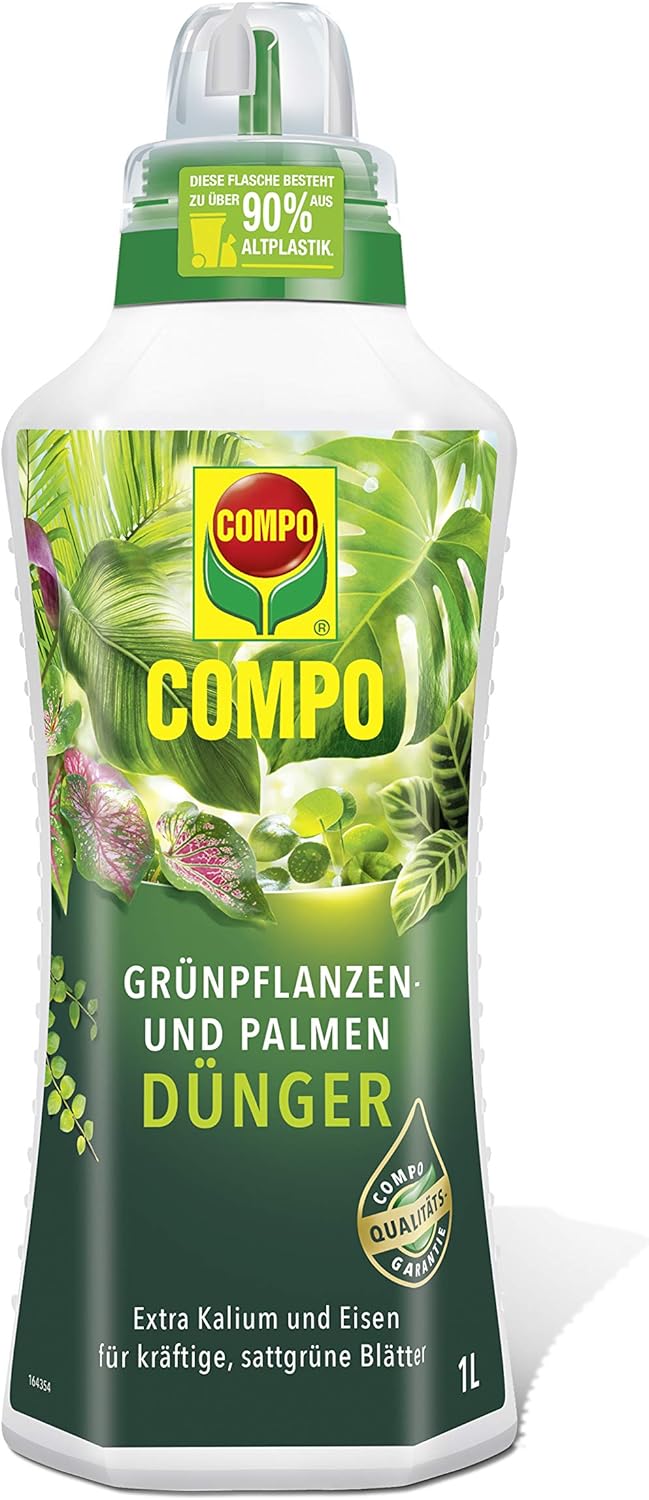 Compo Grünpflanzen- und Palmendünger für alle Zimmer-, Balkon- und Terrassenpflanzen, Spezial-Flüssigdünger mit extra Kalium und Eisen, 1 Liter