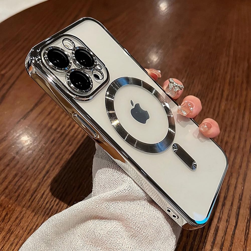 Photo 1 of ZIYE Magnetic Case Made for iPhone 15 Pro Max 6.7 Inch [Compatible with MagSafe] Full Camera Protection Clear Plating Luxury Phone Cover for Women Men Soft TPU Drop Protective Phone Case,Silver
