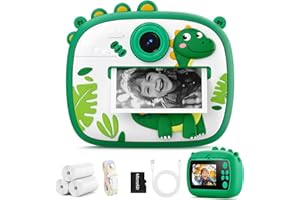 YOZISS Digital Camera for Age 3-8, Instant Print Camera with Cartoon Silicone Cover, Self Cam with SD Card, Christmas Birthday Gifts for Children (Green)