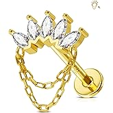 Jewseen 14K Gold Flat Back Stud Earrings Crown Cartilage Studs Top Push in Threadless Nose Lip Stud Titanium Chain Helix Conch Tragus Piercing Jewelry for Women Men