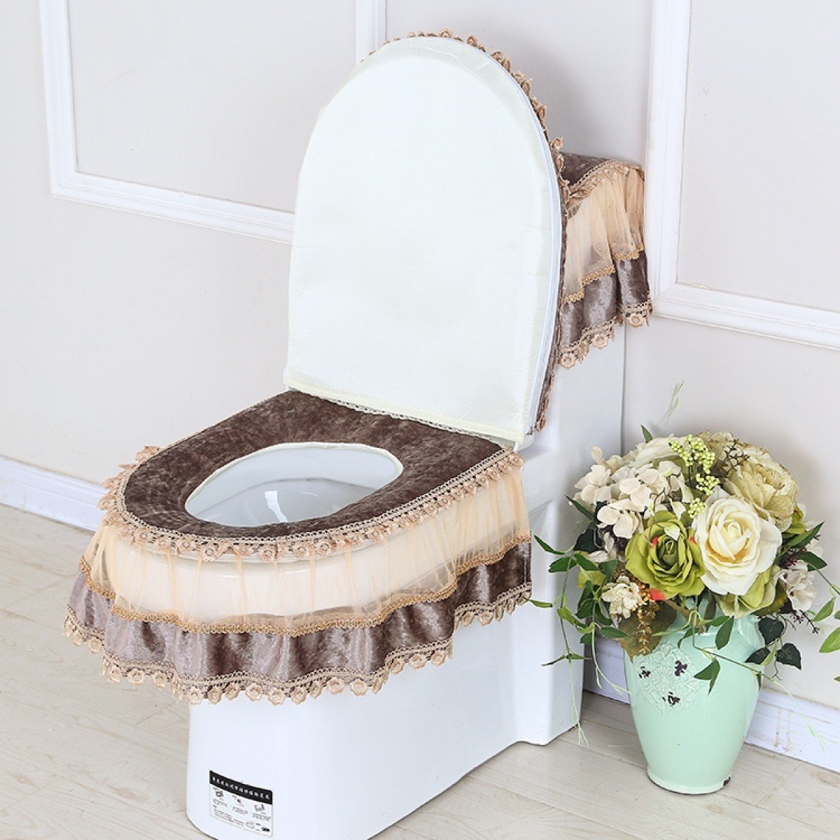 Plush Toilet Seat Cushion Threepiece Zipper Water Tank Cover Lace