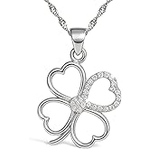 925 Sterling Silver Four Leaf Clover Necklace - Rhodium Plated Shamrock Pendant with 20" Inch Chain White CZ - Good Luck Charm - Irish Jewelry Gift for Women - Handmade