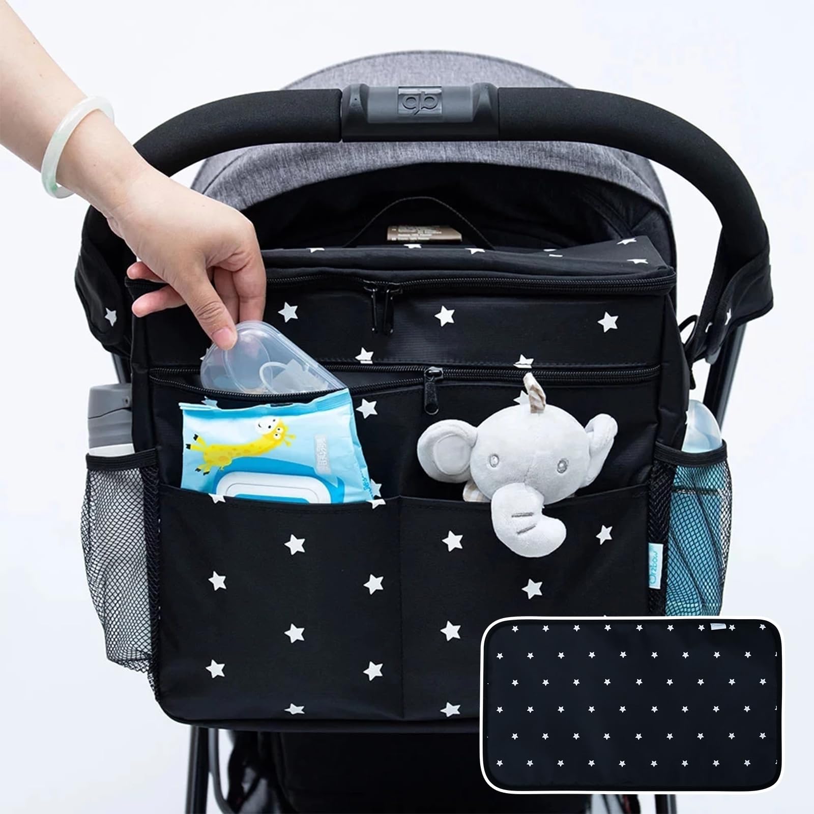 Orzbow Large Pram Bag, 22L Stoller Organiser with Cup Holder, Multifunctional Buggy Bag with Removable Divider, Universal Fit, Adjustable Shoulder Strap, Extra 2 Hooks & Changing Mat, Black
