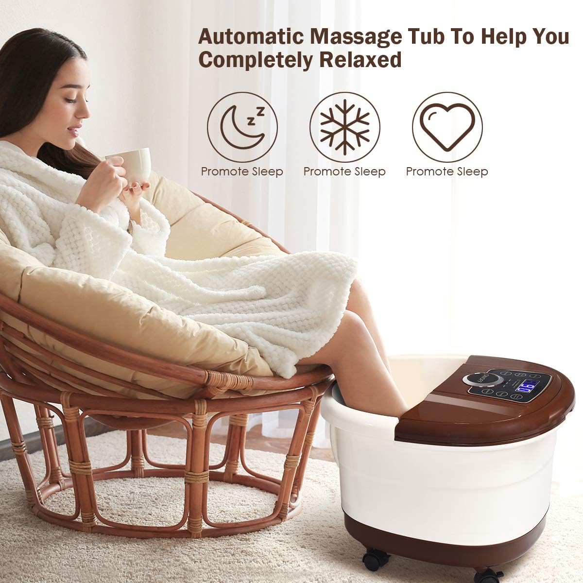 Giantex Foot Spa Bath Massager with Heat, Bubbles, 16 Pedicure Shiatsu Roller Massage Points, Frequency Conversion Power Saving, Adjustable Time & Temperature, LED Display, Drainage Pipe (Brown): Health & Personal Care