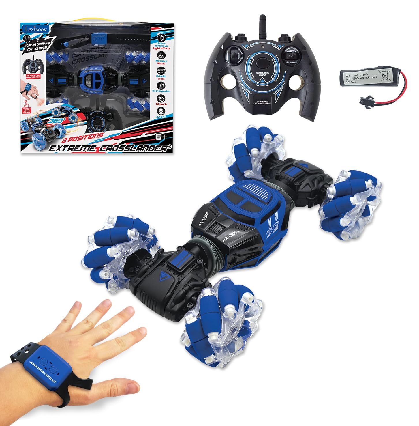 LEXIBOOK, Extreme Crosslander®, Off-road remote control car, up to 12km/h, light effects, remote control & gesture control bracelet included, music, rechargeable, RC50