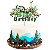 Ercadio 1Pack Wild Dinosaur Happy Birthday Cake Toppers, 24pcs (4 Designs Each), Realistic Dinosaur Happy Birthday Cake Picks with Tropical Leaves, Earth Tones