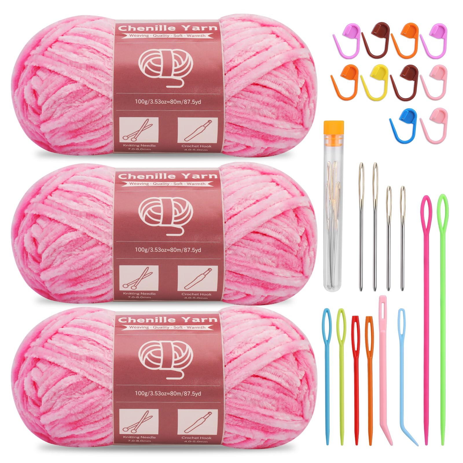 SUVSOON 3 * 100g Chenille Yarn, Chenille Velvet Yarn for Crocheting and Knitting with Needles Stitch Marker Handcrafts Weaving Soft Chenille Yarns for Blankets, Clothes, Pattern Knitting (Pink) — image 1