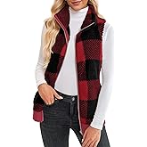 FEOYA Women's Plaid Fleece Vest Warm Soft Jackets Zip Up Sleeveless Coat Outerwear with Pockets Winter Fall