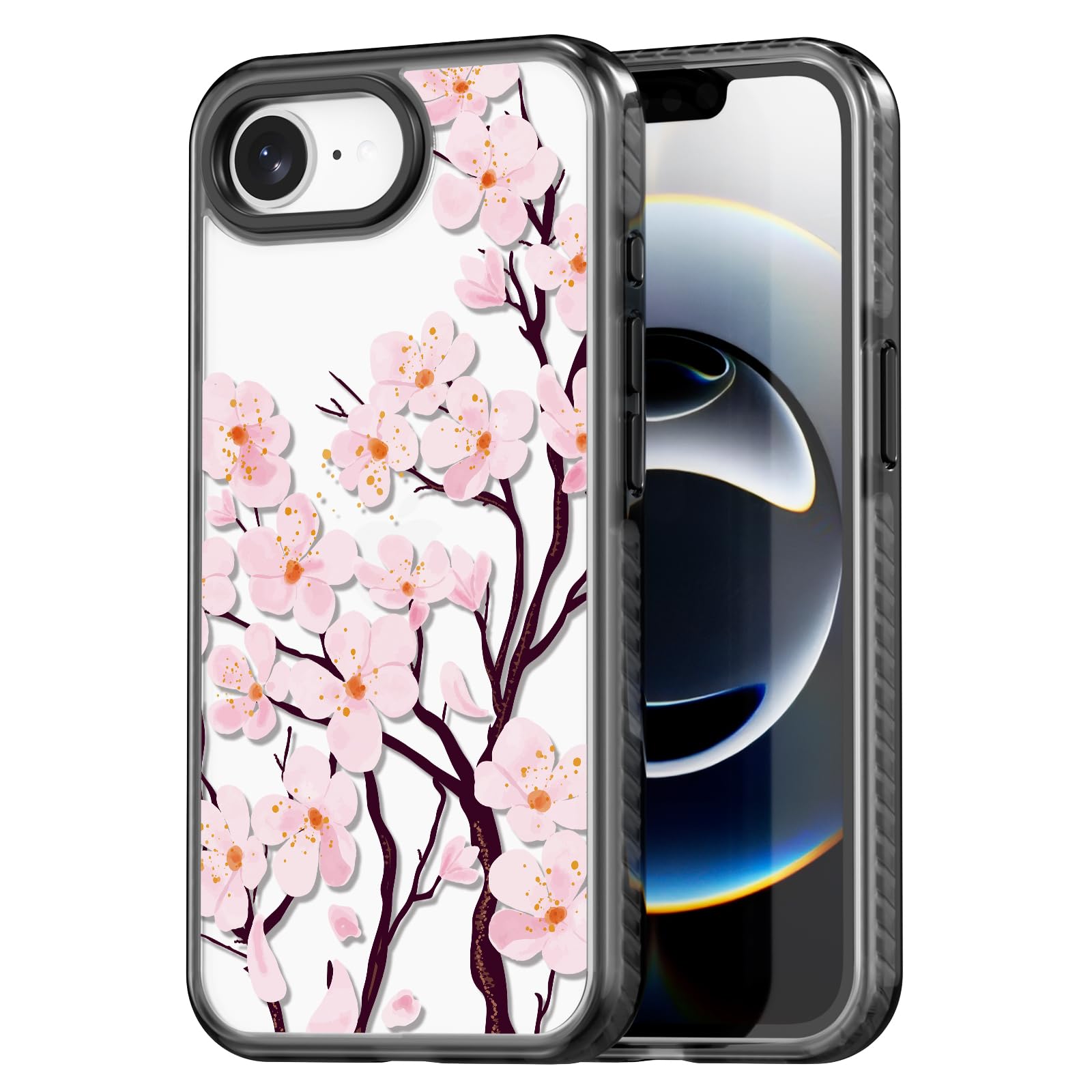 Photo 1 of Rosarnnah Compatible for iPhone 16E Case Cute - Durable Shockproof 6.6 ft Drop Impact Phone Case - Black Funny Cherry Blossom Design for iPhone 16 SE 4 6.1"