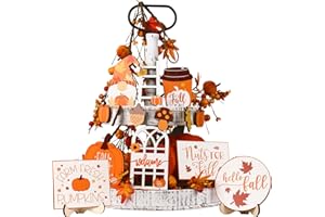 SY Super Bang 14PCS Fall Tiered Tray Decor, Include Pumpkins Gnome Maple Leaves Wooden Sign Decorations for Home Farmhouse Harvest Thanksgiving Indoor Holiday Table Decor.(Tiered Tray NOT Included)