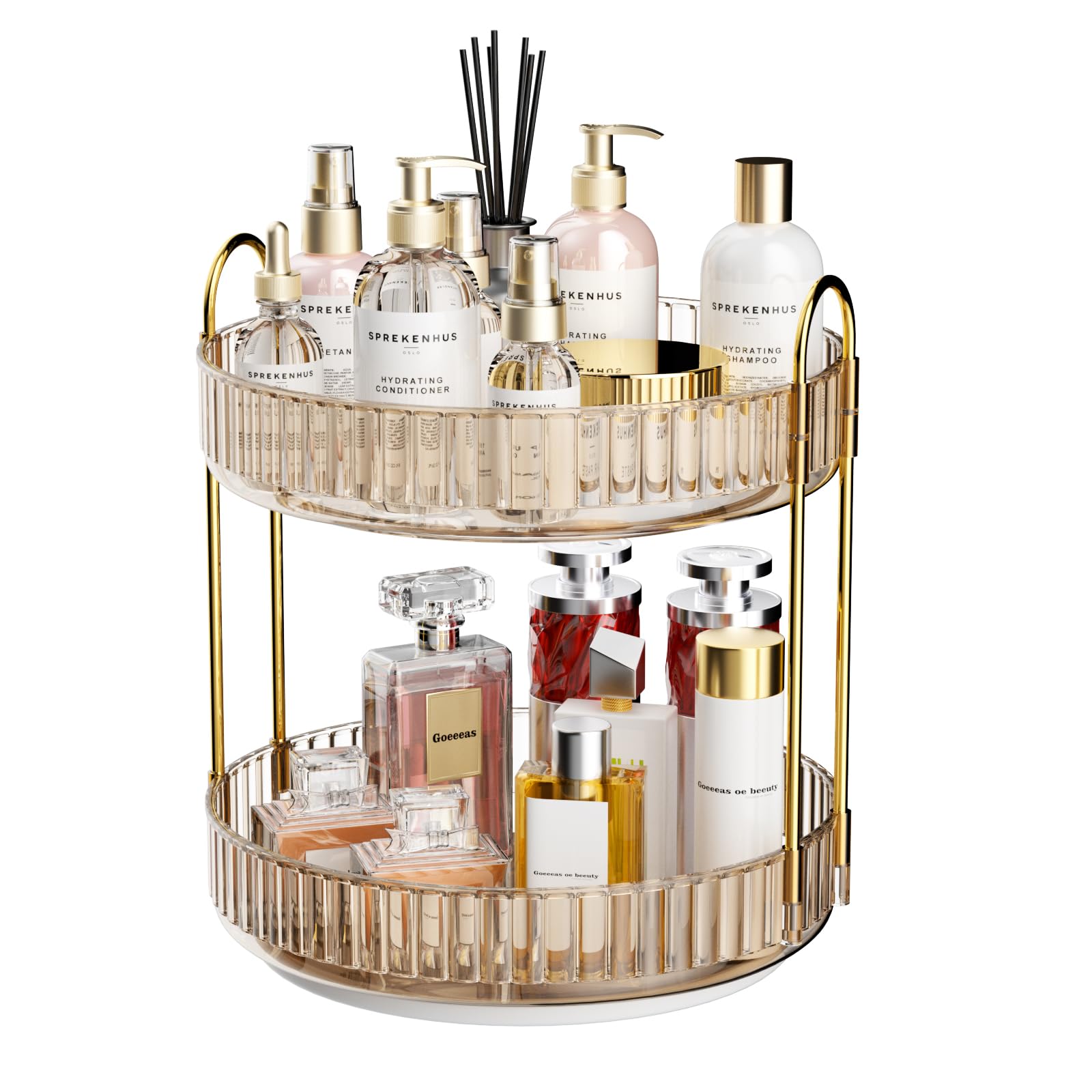 MOACC Rotating Makeup Organizer for Vanity 2 Tier, High-Capacity Skincare Clear Make Up Storage Perfume Organizers Cosmetic Dresser Organizer Countertop 360 Spinning (Gold)