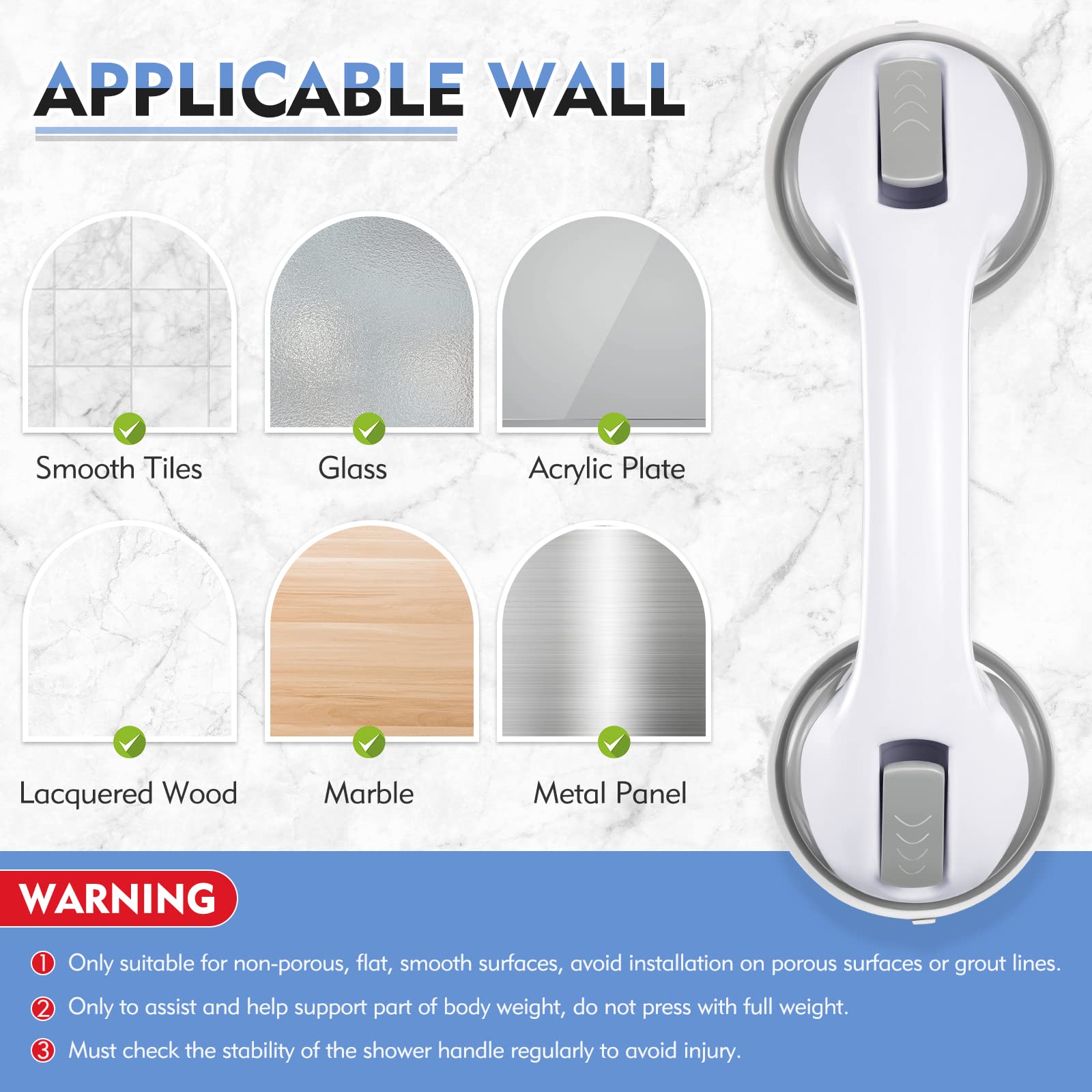 Grab Bars for Bathtubs and Showers, 12 Inch Shower Handle Strong Suction Cup Grab Bar for Shower Chair Stool, Bathroom Safety Bar for Seniors, Elderly, Handicap (2 Pack)