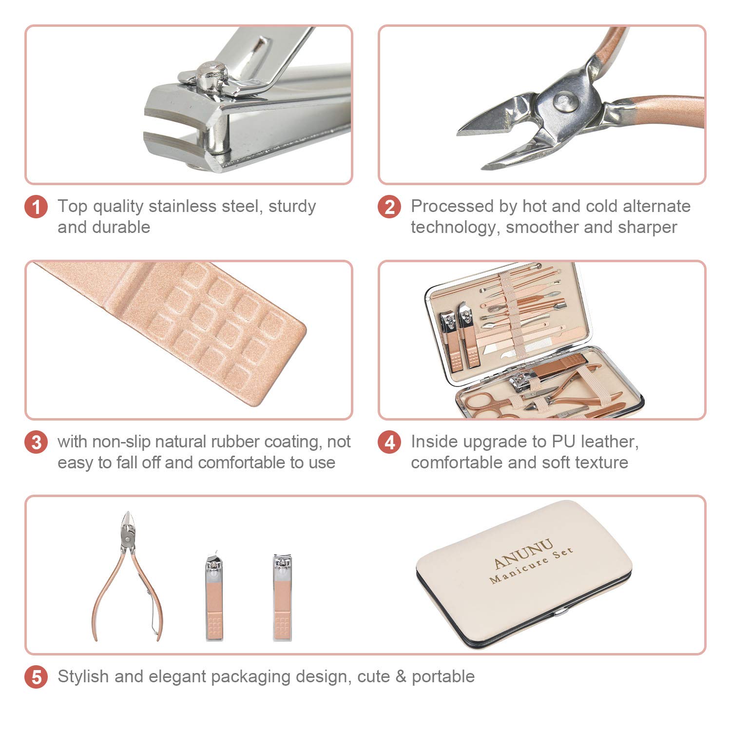 Manicure Set, Pedicure Kit, Nail Clippers Set, ANUNU 18 in 1 Professional Manicure Pedicure Kit Stainless Steel Nail Kit with Travel Case for Men and Women, Rose Gold : Beauty
