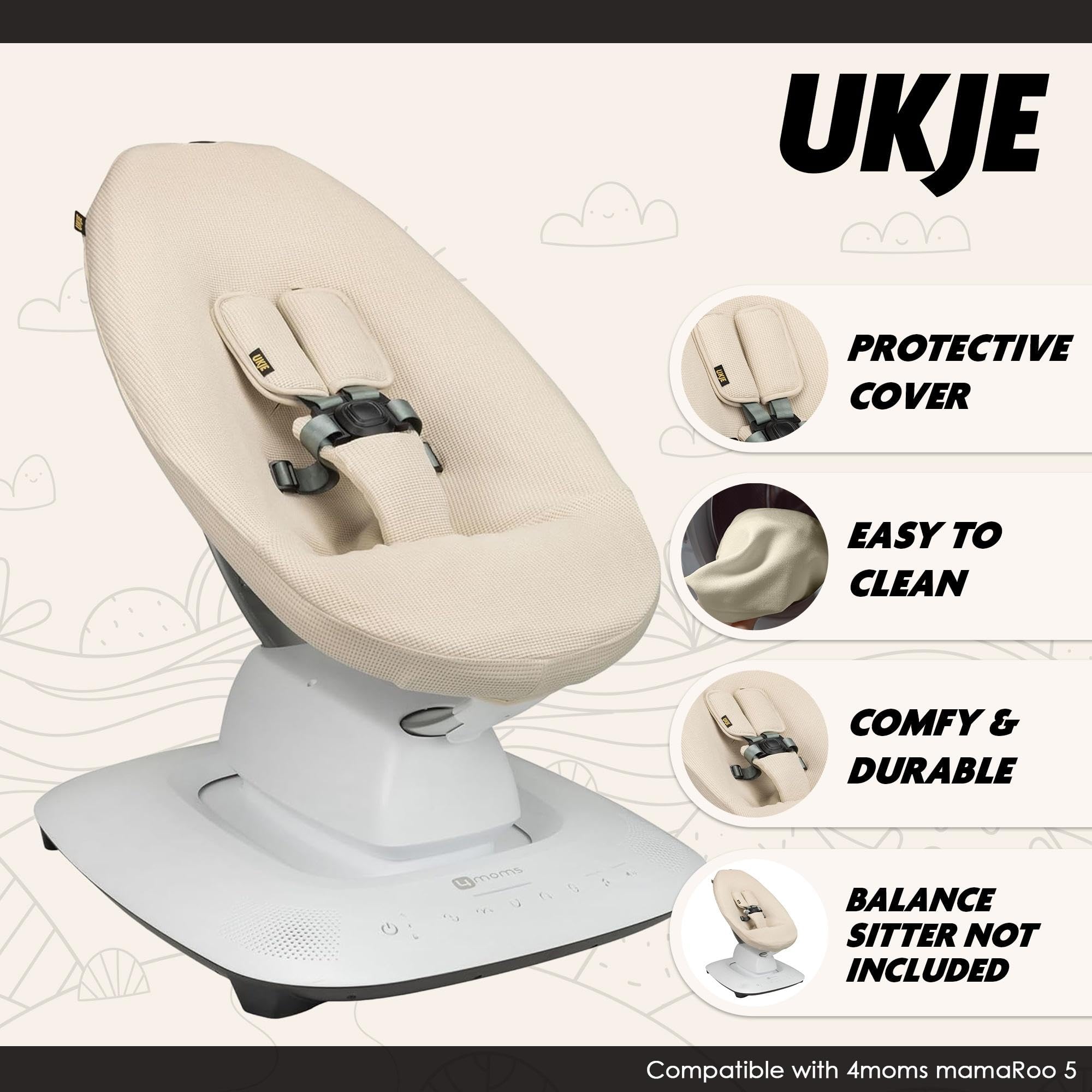 UKJE Protective Swing Cover Compatible with 4moms RockaRoo or MamaRoo 5, Multi-Motion Baby Swing, Baby Swing Liners, Baby Rocker Cover, Easy to Install, Easy to Wash, Handmade in Europe - Beige