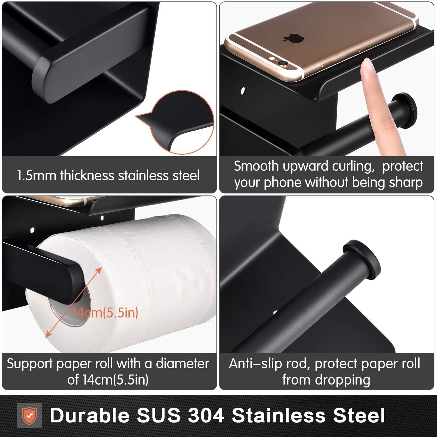 Tindbea Toilet Paper Holder with Shelf + Towel Robe Hooks, Adhesive or Screw Wall Mounted Toilet Paper Roll Holder, Stainless Steel Bathroom Hardware Set (Matte Black): Kitchen & Dining