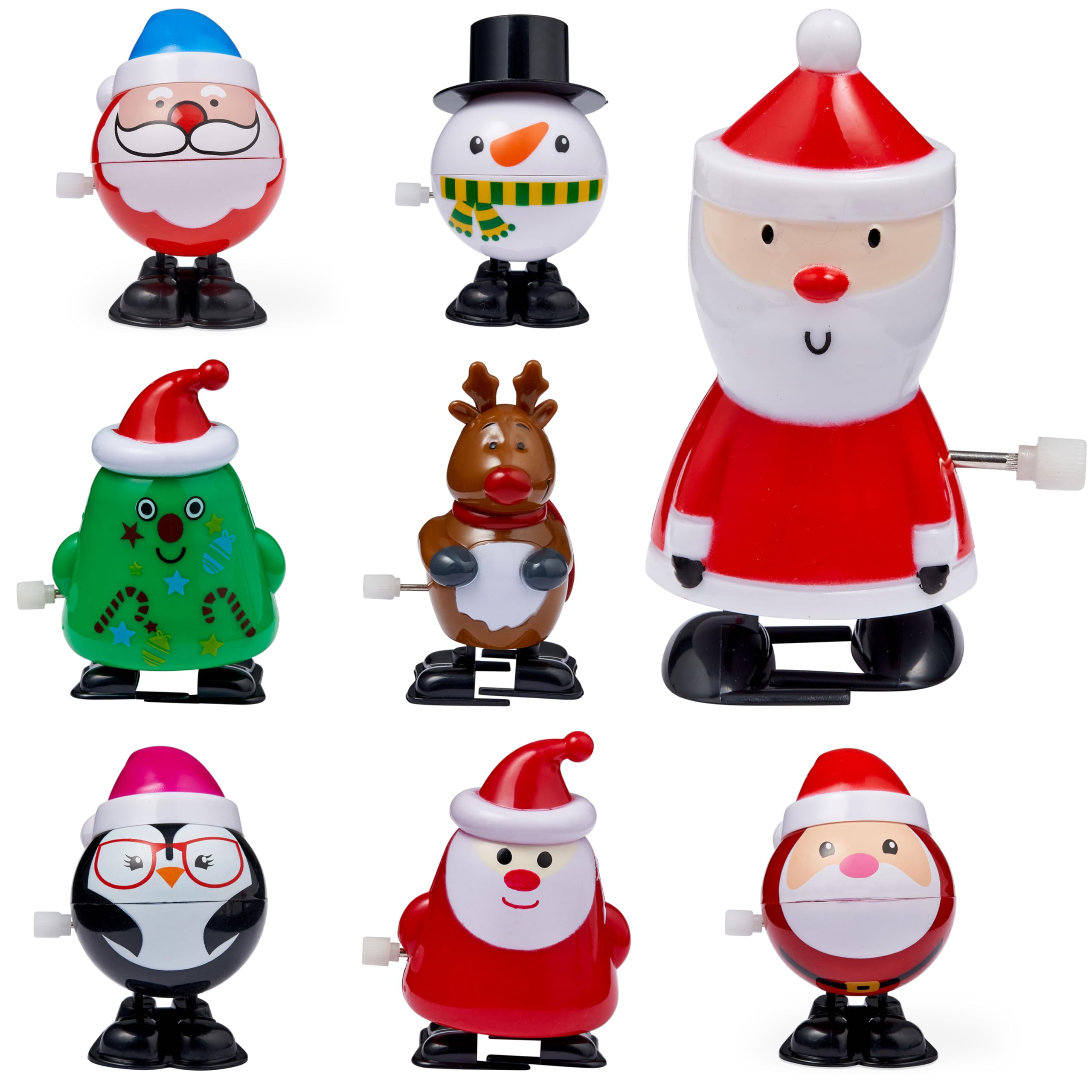 THE TWIDDLERS - 8 Christmas Wind Up Toys, Stocking Fillers Assorted Xmas Designs - Snowman, Santa, Reindeer, Christmas Party Gift Bag Filler for Kids, 8cm x 5cm