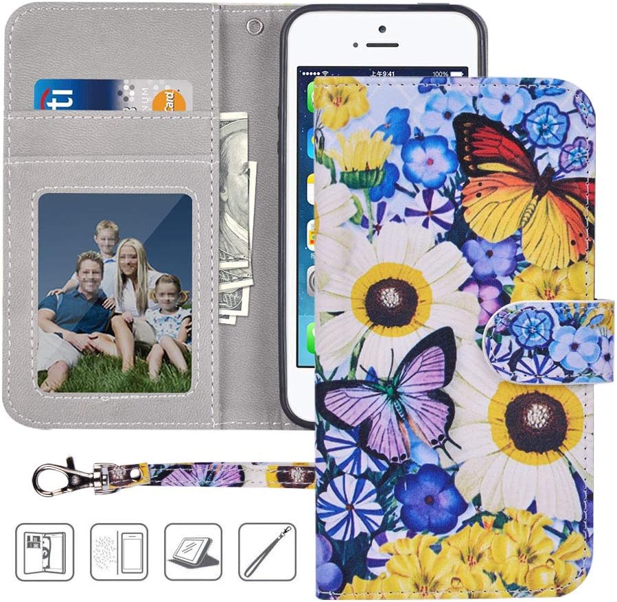 iPhone SE / 5S / 5 Wallet Case,MagicSky iPhone SE/5S/5 Case Premium PU Leather Flip Folio Case Cover with Wrist Strap,Card Holder,Cash Pocket,Kickstand for Apple iPhone 5S/5/SE,Butterfly Over Flowers