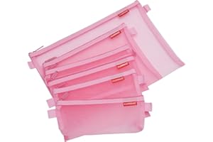 Pendancy Mesh Zipper Pouch 5pcs Lightweight Nylon File Folders Document Organizer Cosmetic Bags Accessories Storage for Travel and Office Supplies(Pink, A4 A5 A6)